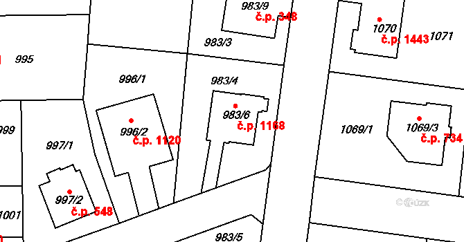 Modřany 1168, Praha na parcele st. 983/6 v KÚ Modřany, Katastrální mapa