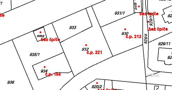 Ruzyně 221, Praha na parcele st. 932 v KÚ Ruzyně, Katastrální mapa