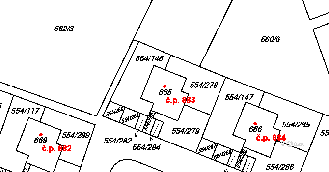 Bašť 883 na parcele st. 665 v KÚ Bašť, Katastrální mapa