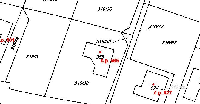 Hýskov 565 na parcele st. 955 v KÚ Hýskov, Katastrální mapa