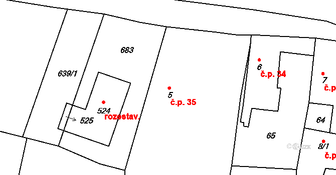 Byškovice 35, Neratovice na parcele st. 5/1 v KÚ Byškovice, Katastrální mapa