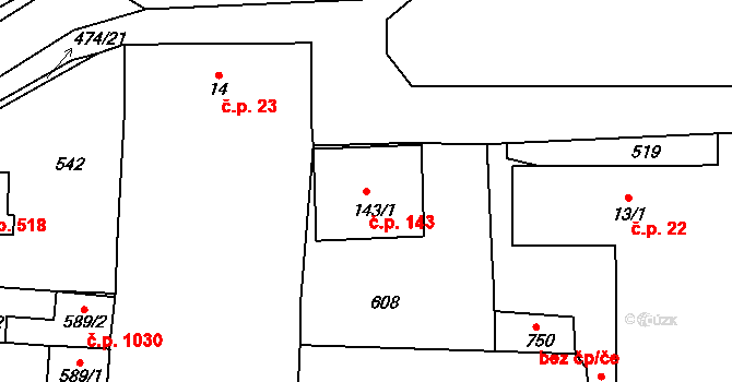 Rudná 143 na parcele st. 143/1 v KÚ Dušníky u Rudné, Katastrální mapa