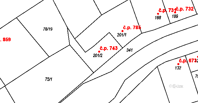 Rudná 743 na parcele st. 201/2 v KÚ Hořelice, Katastrální mapa