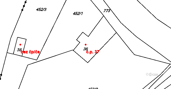 Bořice 37, Zahořany na parcele st. 36 v KÚ Bořice u Domažlic, Katastrální mapa
