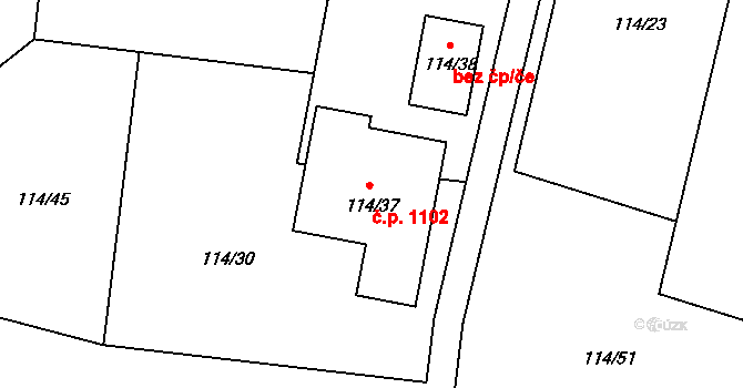 Srubec 1102 na parcele st. 114/37 v KÚ Srubec, Katastrální mapa