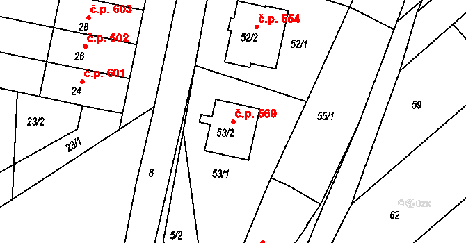 Jedovnice 569 na parcele st. 53/2 v KÚ Jedovnice, Katastrální mapa