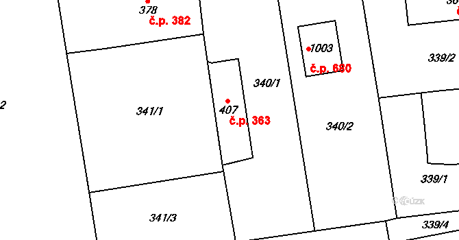 Lysice 363 na parcele st. 407 v KÚ Lysice, Katastrální mapa