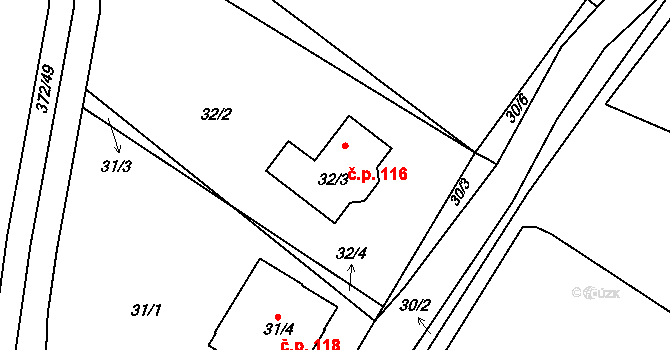 Háje 116 na parcele st. 32/3 v KÚ Háje u Příbramě, Katastrální mapa