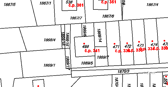 Merklín 341 na parcele st. 499 v KÚ Merklín u Přeštic, Katastrální mapa