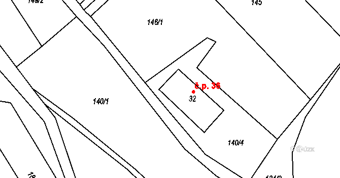 Souvrať 36, Mostek na parcele st. 32 v KÚ Souvrať, Katastrální mapa