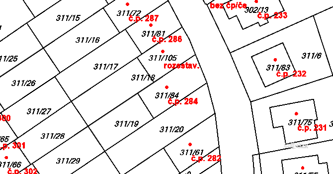 Hrdějovice 284 na parcele st. 311/84 v KÚ Hrdějovice, Katastrální mapa