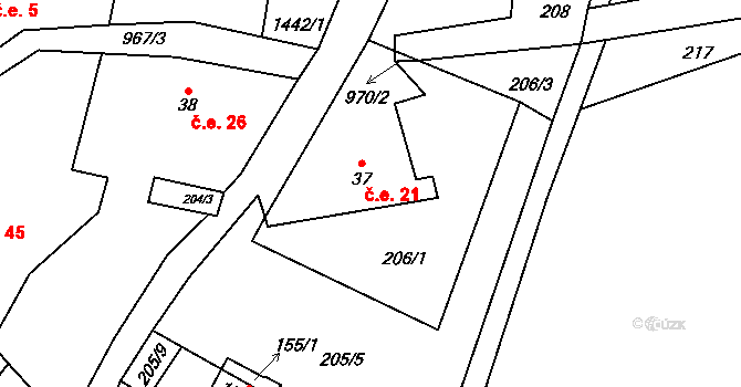 Horní Tašovice 21, Stružná na parcele st. 37 v KÚ Horní Tašovice, Katastrální mapa