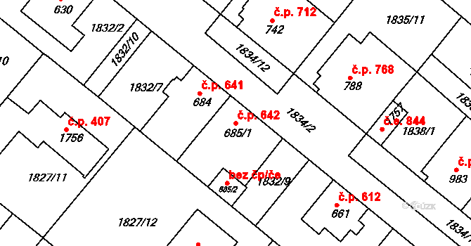 Tišnov 642 na parcele st. 685/1 v KÚ Tišnov, Katastrální mapa