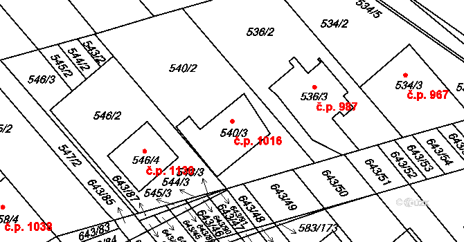 Rohatec 1016 na parcele st. 540/3 v KÚ Rohatec, Katastrální mapa