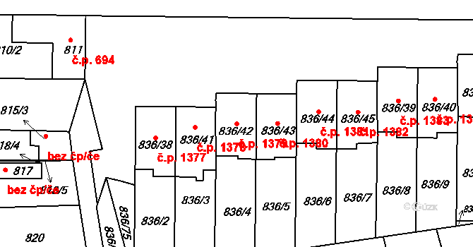 Slavkov u Brna 1379 na parcele st. 836/42 v KÚ Slavkov u Brna, Katastrální mapa