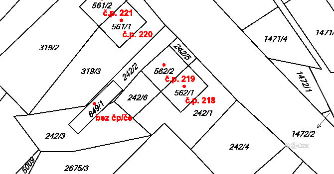 Koclířov 218 na parcele st. 562/1 v KÚ Koclířov, Katastrální mapa