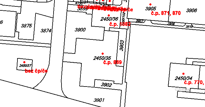 Komín 869, Brno na parcele st. 2450/35 v KÚ Komín, Katastrální mapa
