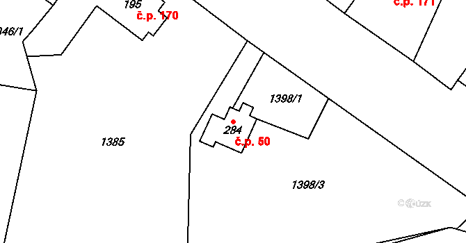 Panenský Týnec 50 na parcele st. 284 v KÚ Panenský Týnec, Katastrální mapa