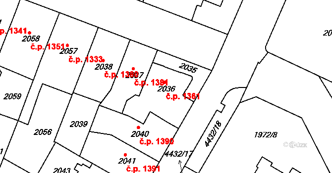 Teplice 1361 na parcele st. 2036 v KÚ Teplice, Katastrální mapa