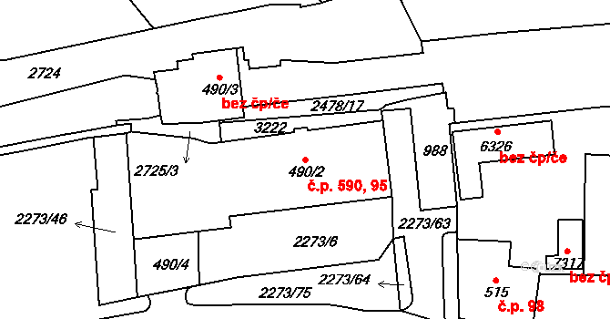 Cheb 95,590 na parcele st. 490/2 v KÚ Cheb, Katastrální mapa