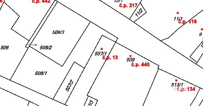 Suchdol nad Lužnicí 13 na parcele st. 507/1 v KÚ Suchdol nad Lužnicí, Katastrální mapa