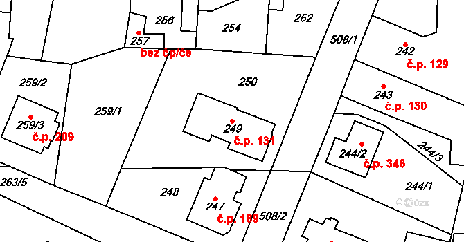 Třeboradice 131, Praha na parcele st. 249 v KÚ Třeboradice, Katastrální mapa