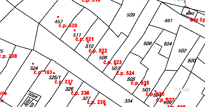 Česká Lípa 523 na parcele st. 508 v KÚ Česká Lípa, Katastrální mapa