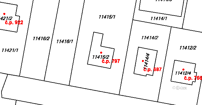 Severní Předměstí 797, Plzeň na parcele st. 11415/2 v KÚ Plzeň, Katastrální mapa