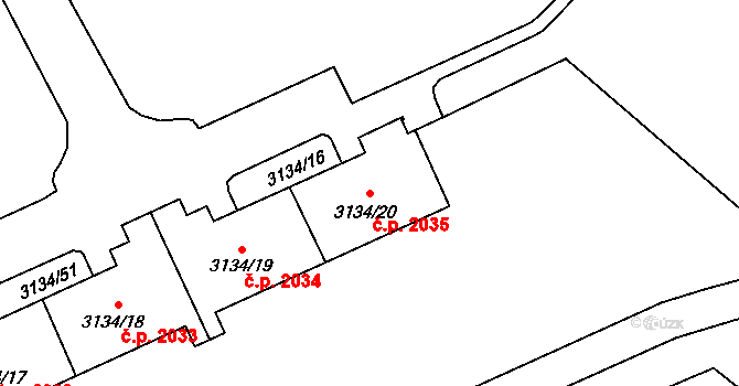 Východní Předměstí 2035, Plzeň na parcele st. 3134/20 v KÚ Plzeň, Katastrální mapa