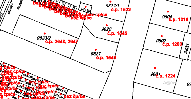 Jižní Předměstí 1549, Plzeň na parcele st. 9821 v KÚ Plzeň, Katastrální mapa