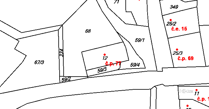 Hradenín 77, Plaňany na parcele st. 12 v KÚ Hradenín, Katastrální mapa