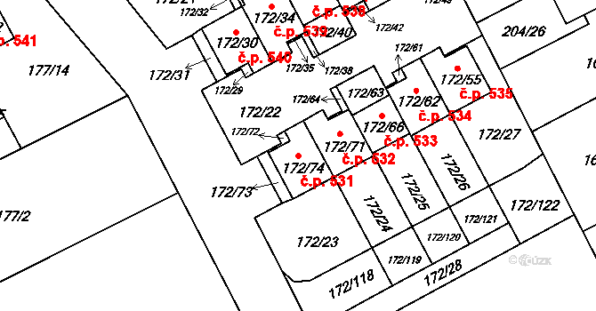 Liberec VIII-Dolní Hanychov 531, Liberec na parcele st. 172/74 v KÚ Dolní Hanychov, Katastrální mapa