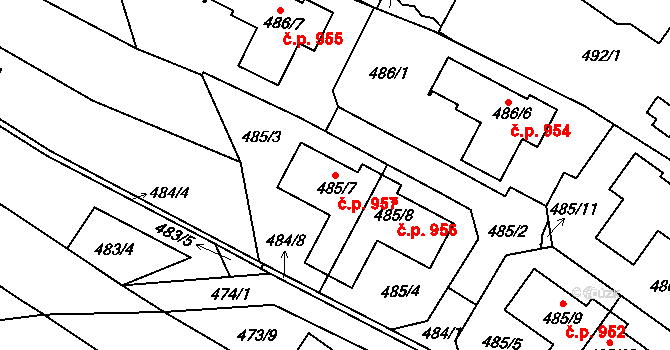 Žebětín 957, Brno na parcele st. 485/7 v KÚ Žebětín, Katastrální mapa