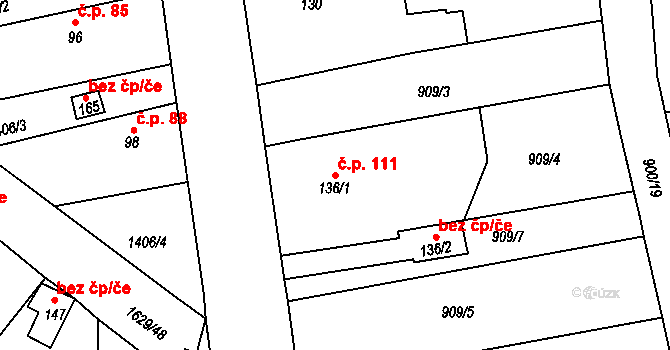 Vřeskovice 111 na parcele st. 136/1 v KÚ Vřeskovice, Katastrální mapa