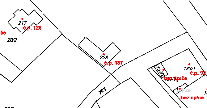 Merklovice 137, Vamberk na parcele st. 223 v KÚ Merklovice, Katastrální mapa