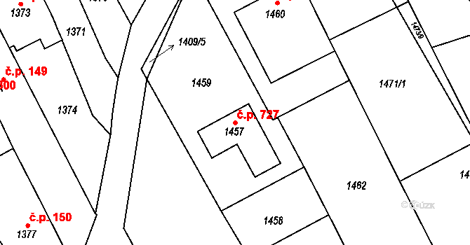 Buchlovice 727 na parcele st. 1457 v KÚ Buchlovice, Katastrální mapa