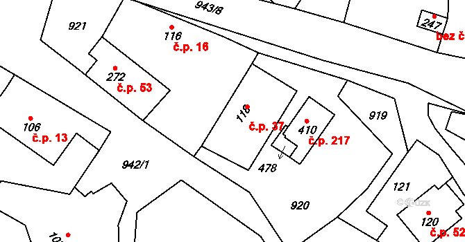 Prosetín 37 na parcele st. 118 v KÚ Prosetín u Hlinska, Katastrální mapa