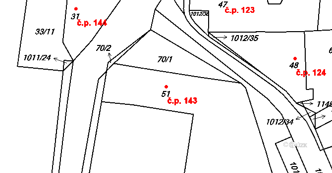 Hrochův Týnec 143 na parcele st. 51 v KÚ Hrochův Týnec, Katastrální mapa