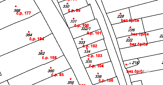 Velešovice 102 na parcele st. 333 v KÚ Velešovice, Katastrální mapa