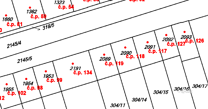 Václavské Předměstí 119, Písek na parcele st. 2089 v KÚ Písek, Katastrální mapa