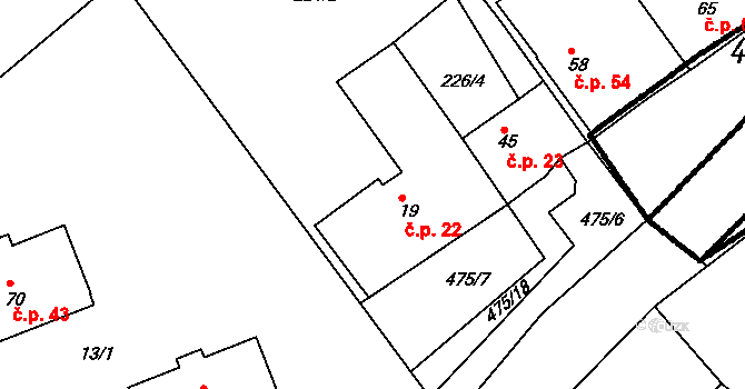 Hyršov 22, Všeruby na parcele st. 19 v KÚ Hyršov, Katastrální mapa