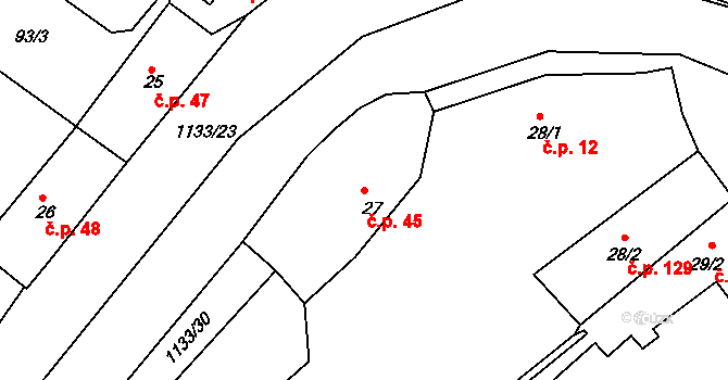 Těškov 45 na parcele st. 27 v KÚ Těškov, Katastrální mapa