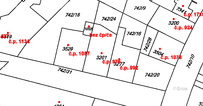 Bílé Předměstí 976, Pardubice na parcele st. 3201 v KÚ Pardubice, Katastrální mapa