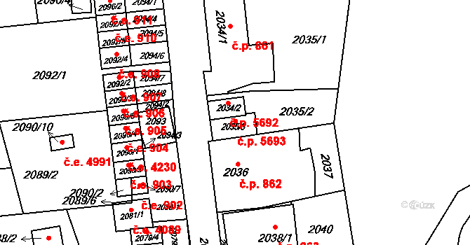Jihlava 5693 na parcele st. 2035/3 v KÚ Jihlava, Katastrální mapa