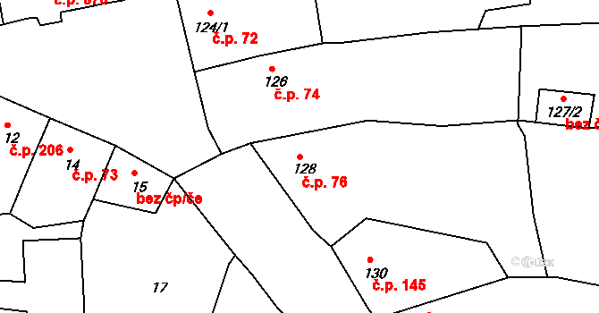 Podbořany 76 na parcele st. 128/1 v KÚ Podbořany, Katastrální mapa