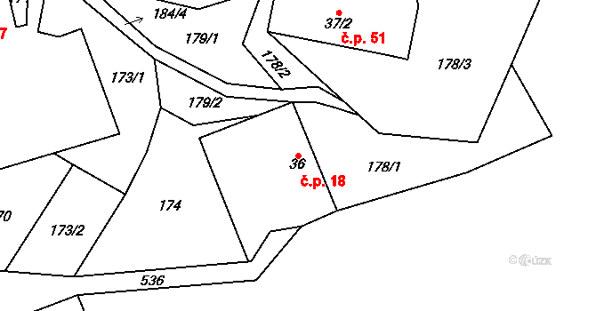 Cibotín 18, Česká Bělá na parcele st. 36 v KÚ Cibotín, Katastrální mapa
