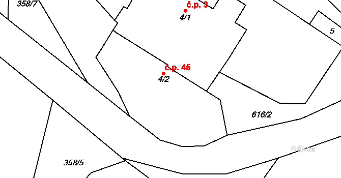Leškovice 45 na parcele st. 4/2 v KÚ Leškovice, Katastrální mapa