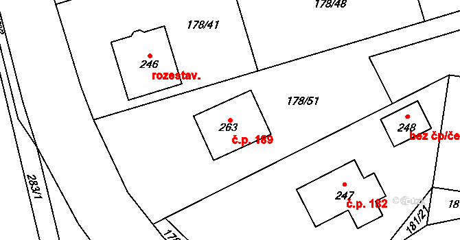 Tuřany 189 na parcele st. 263 v KÚ Byseň, Katastrální mapa