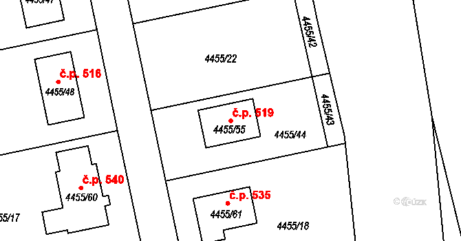 Lískovec 519, Frýdek-Místek na parcele st. 4455/55 v KÚ Lískovec u Frýdku-Místku, Katastrální mapa