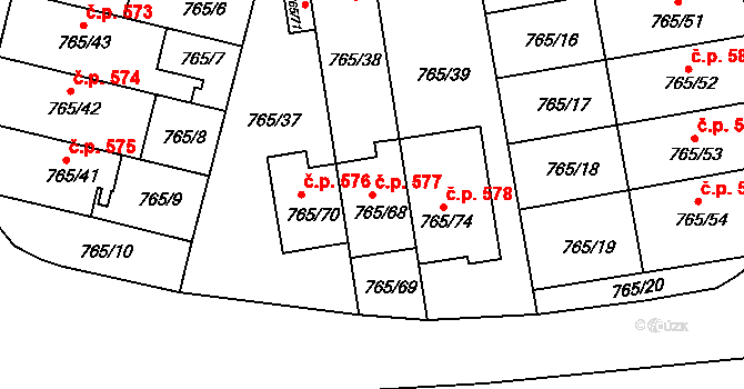 Hrušovany u Brna 577 na parcele st. 765/68 v KÚ Hrušovany u Brna, Katastrální mapa